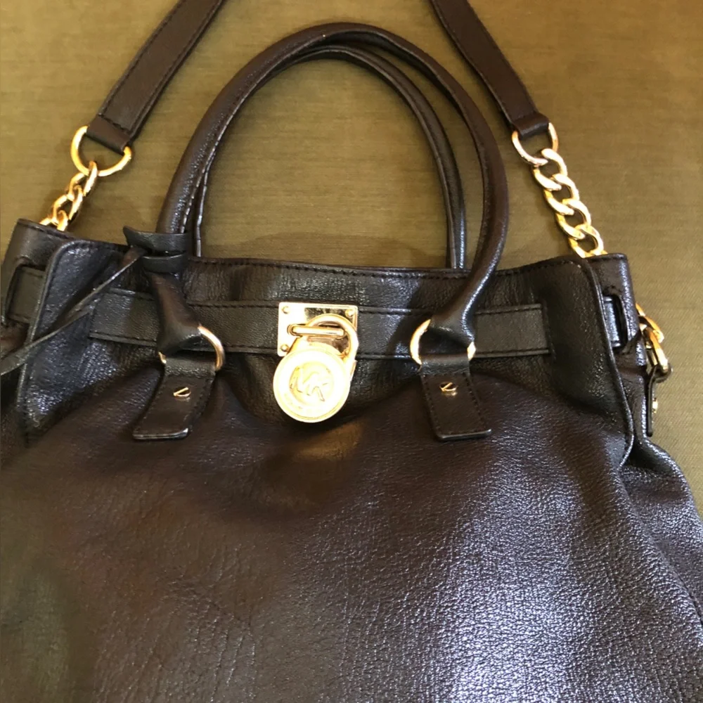 Michael Kors Black Leather Satchel Handbag with Gold Hardware and Chain Strap